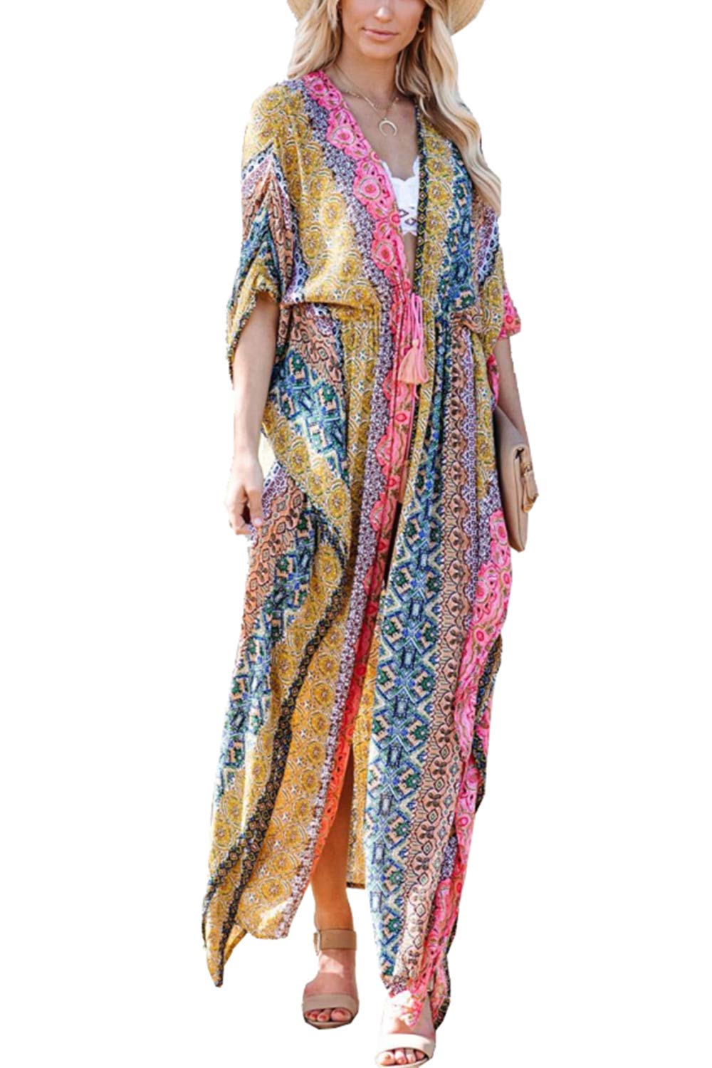 YouKD Women's Summer Cardigan Maxi Boho Dress One Size Beach Swimsuit Coverups Long Kimono