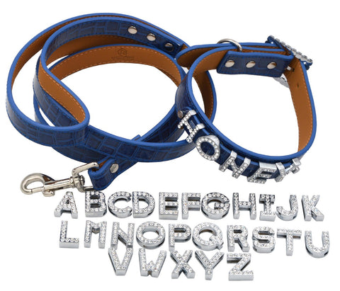 Yeahfits Blue PU Leather Pet Walking Leash+Adjustable Artificial Leather Serpentine Collars+26pcs Crystal Rhinestone Letter DIY Personalized Name for Dogs and Cats (10-12'' Neck 1/2'' Wide, Blue)