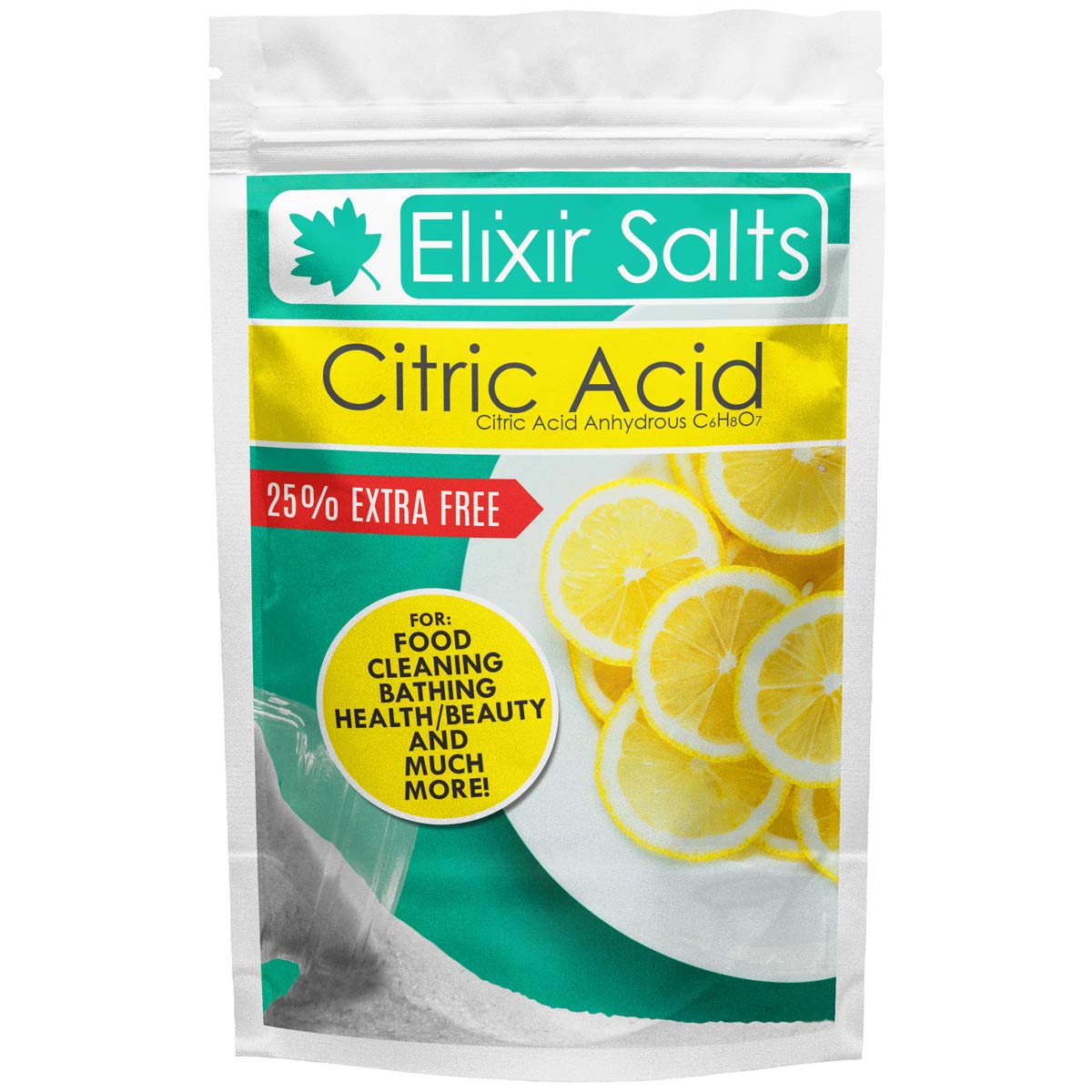 Elixir Salts - Citric Acid | 500g + 125g Free | for Use with Bath Bombs, Cleaning, descaling, Preservative, Cooking, Nutrient, Elderflower | Comes in Re-sealable Pouch