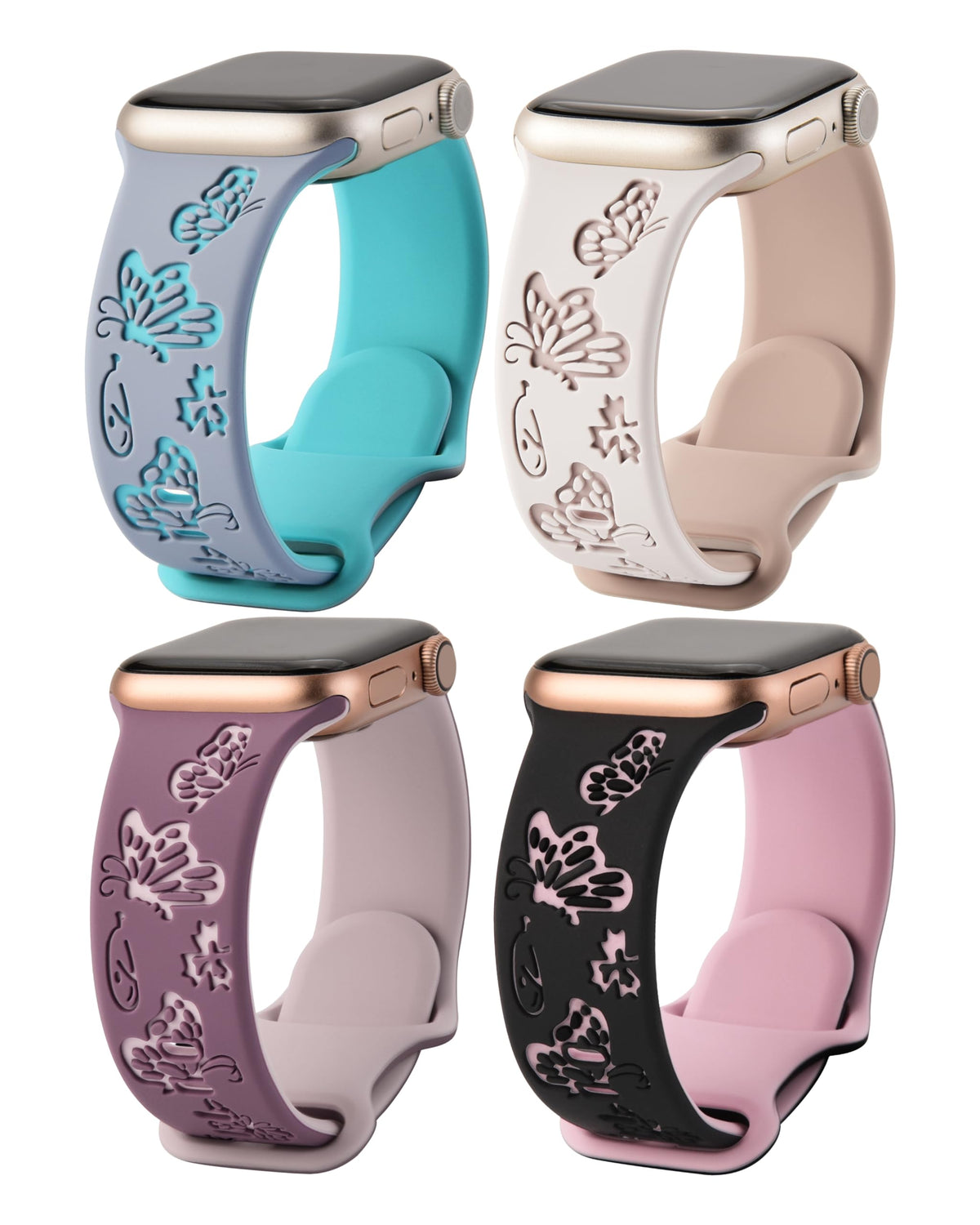 Fullmosa 4 Pack Two-Tone Butterflies Floral Engraved Straps Compatible with Apple Watch Straps 46mm 45mm 49mm 44mm 42mm for Women, Soft Silicone Band for iWatch Straps SE Series 10 9 8 7 6 5 4 3 2 1