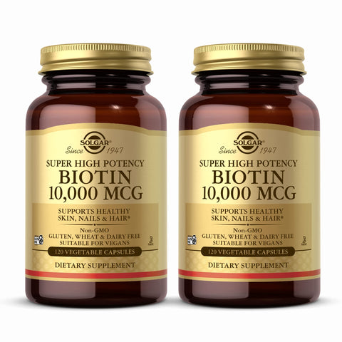 SOLGAR Super High Potency Biotin 10,000 mcg - 120 Vegetable Capsules, Pack of 2 - Supports Healthy Skin, Nails & Hair - Non-GMO, Vegan, Gluten & Dairy Free - 240 Total Servings