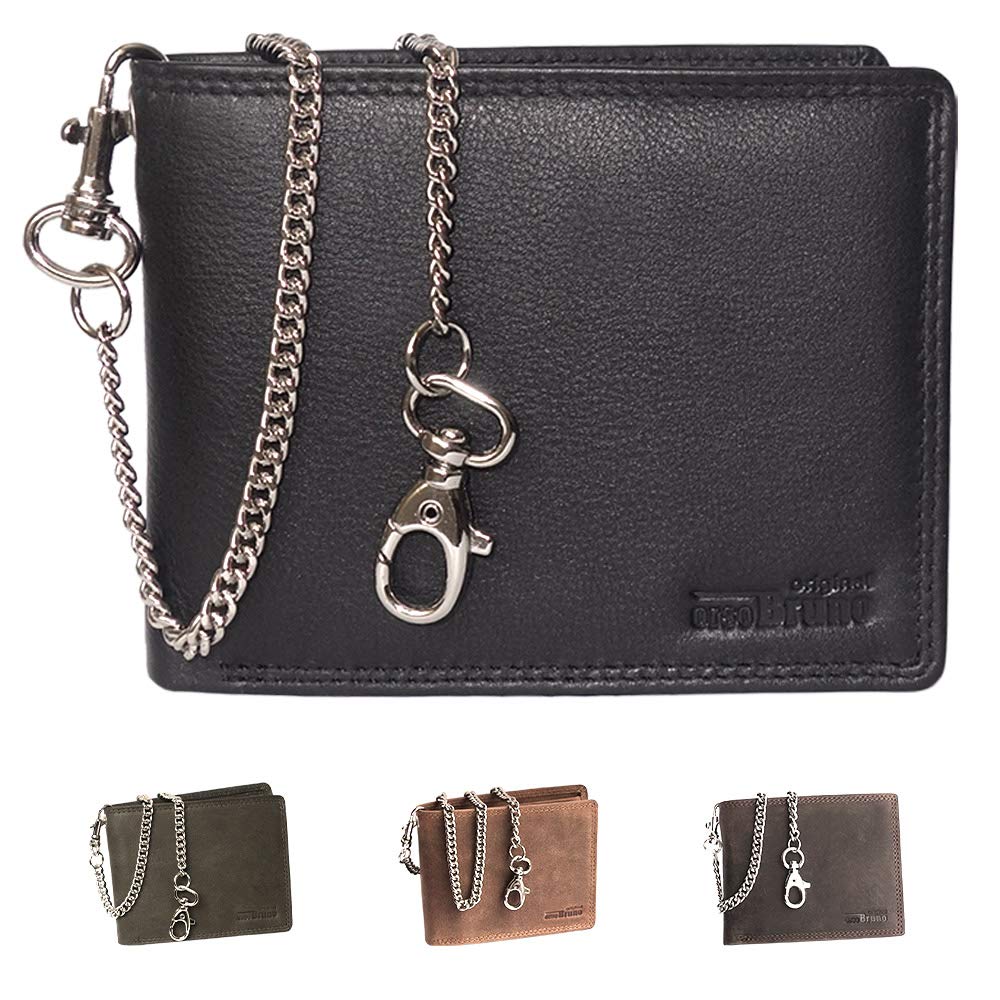 Black Wallet with Chain in High-Quality Cowhide Nappa Leather Horizontal - Men's Biker Wallet with Chain - Men's, Black