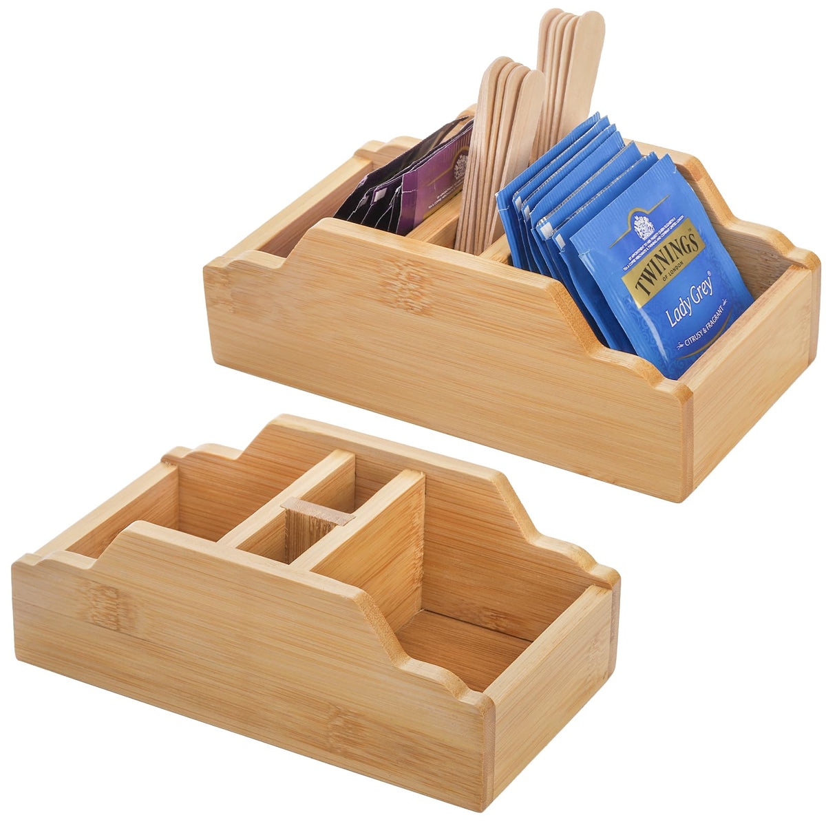 Dicunoy 2 Pack Small Sugar Packets Holder, Bamboo Tea Bag Organizer, 4 Sectionals Tabletop Organizer Caddy for Honey Sticks, Stir Sticks, Sweetener, Coffee Stirrers, Church Kitchen, Countertop