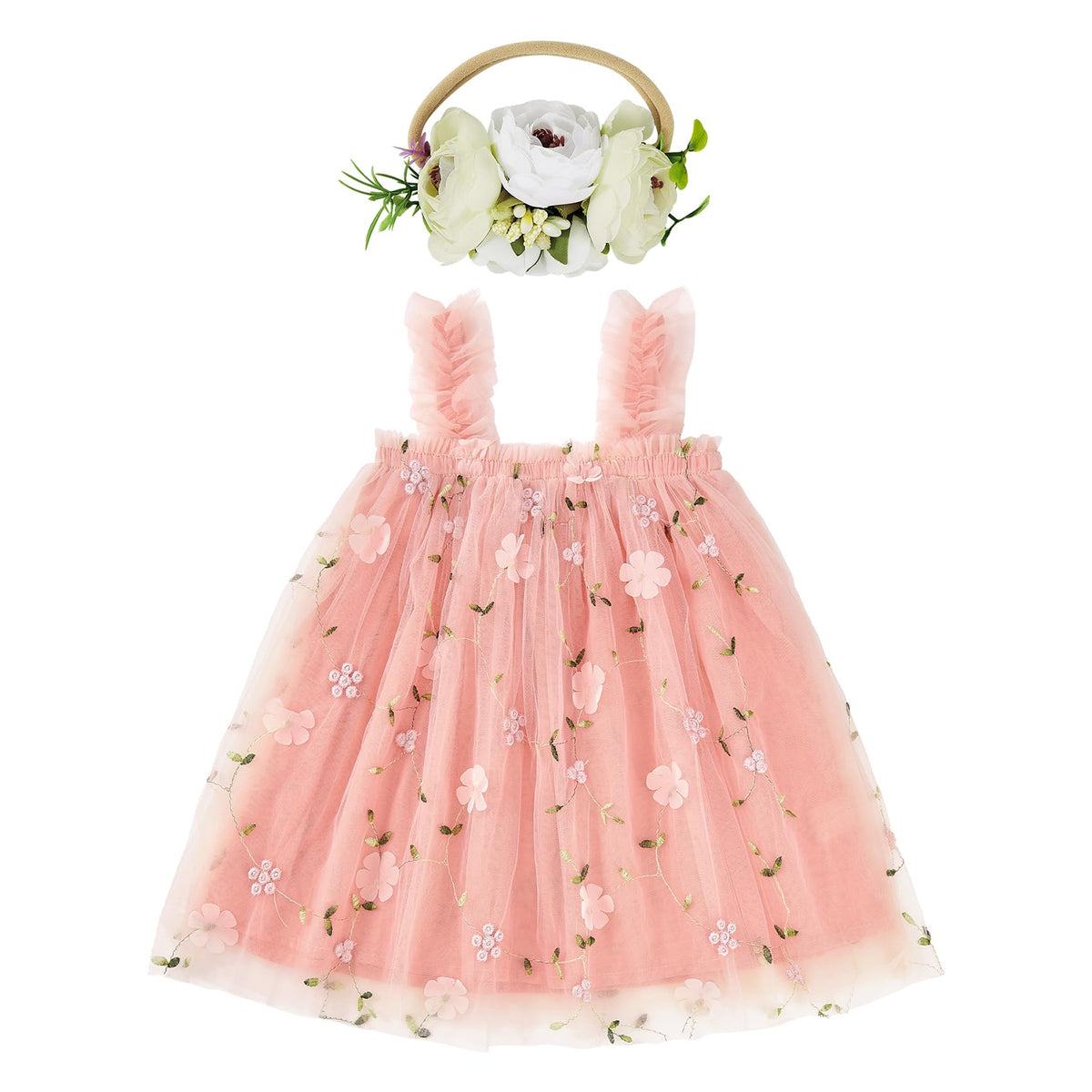 Durio Baby Girl Dresses 1st Birthday Gifts Outfit Tulle Tutu Dresses for Toddler Girls Toddler Flower Girl Dresses Baby Dress with Flower Headband 0A Flower Orange Pink 9-12 Months