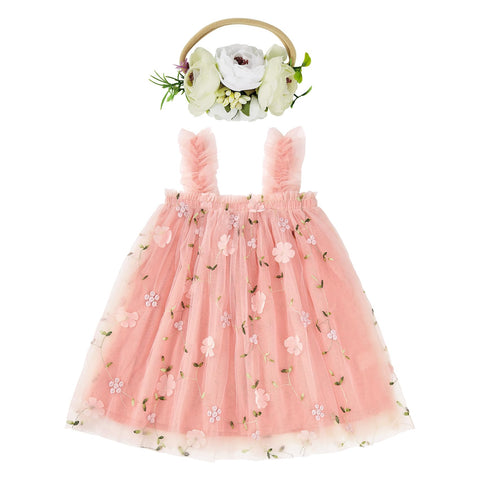 Durio Baby Girl Dresses 1st Birthday Gifts Outfit Tulle Tutu Dresses for Toddler Girls Toddler Flower Girl Dresses Baby Dress with Flower Headband 0A Flower Orange Pink 9-12 Months
