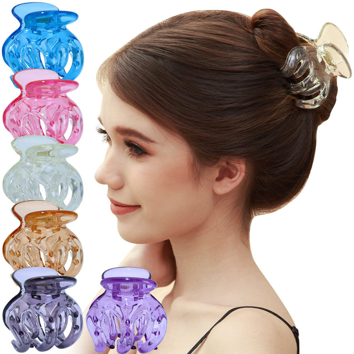 RC ROCHE ORNAMENT 6 Pcs Womens Hair Pumpkin Interlocking Teeth No Slip Secure Grip Strong Solid Ladies Beauty Accessory Classic Clamp Jaw Claw Clip, Large Transparent Multicolor