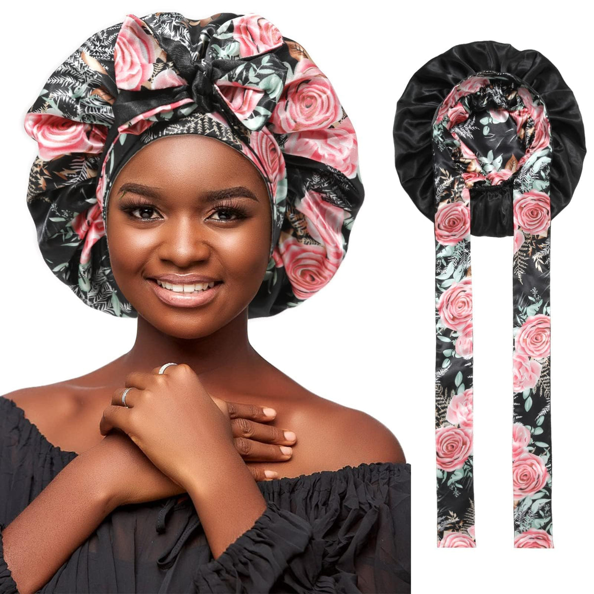 Satin Bonnet Silk Hair Bonnets for Women Curly Hair Wrap for Sleeping Cap Reversible Bonnet with Tie Band Night Cap Double Layer Sleep Cap for Curly Hair (Black Pink Rose + Black)
