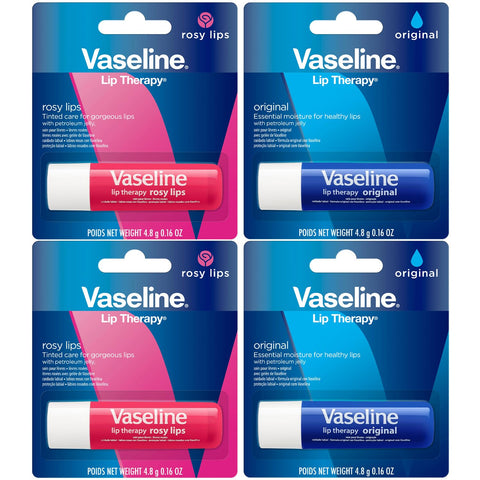 Vaseline Lip Therapy Variety 4-Pack - Original + Rosy Lips Moisturizing Lip Balm with Vitamin E, 0.16 Oz Ea