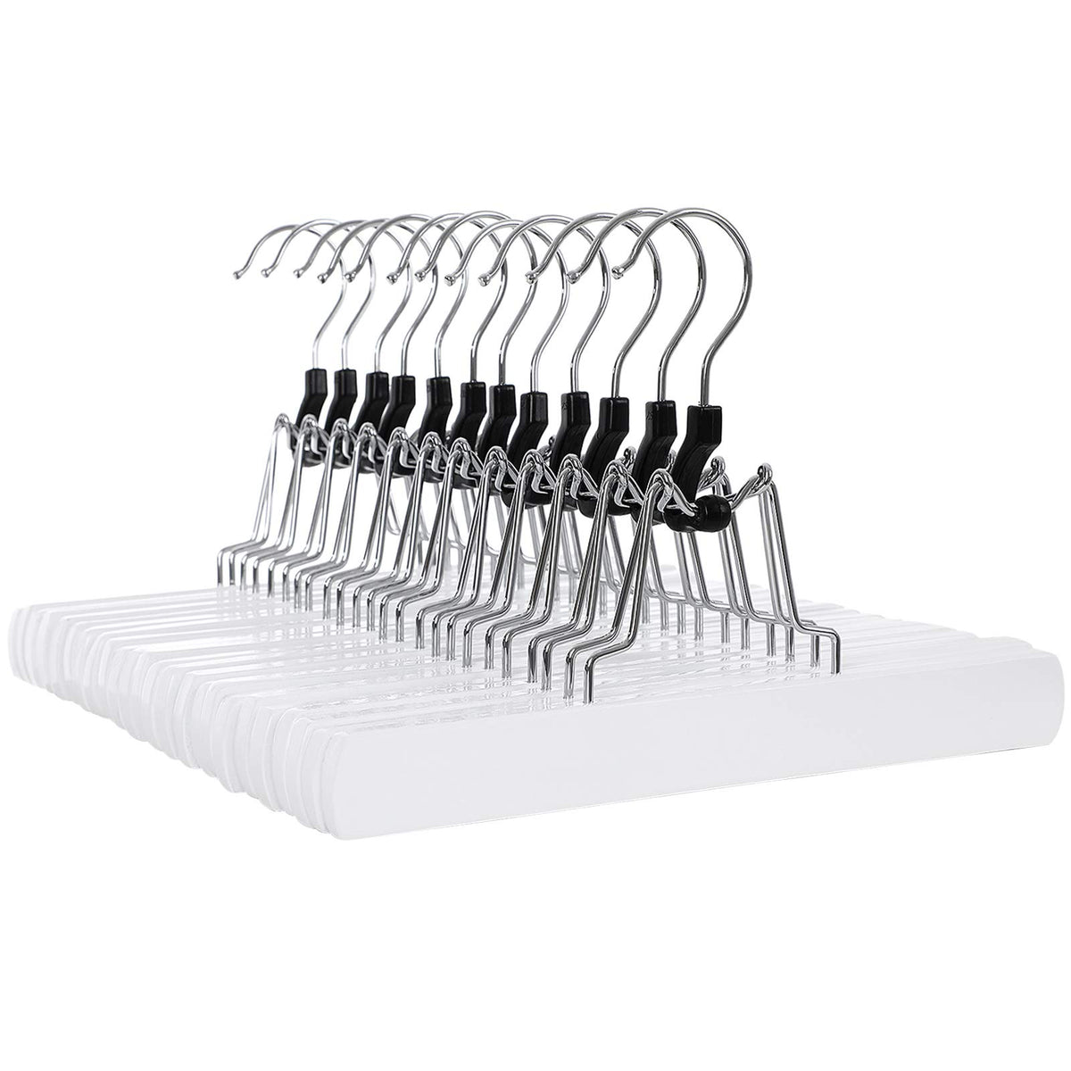 SONGMICS Pack of 12 Wooden Trouser Hangers Non-Slip Chrome Hook 360 Degree Rotating White CRW07W-12