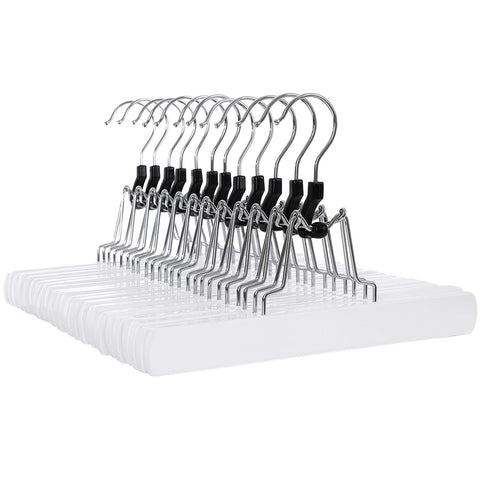 SONGMICS Pack of 12 Wooden Trouser Hangers Non-Slip Chrome Hook 360 Degree Rotating White CRW07W-12