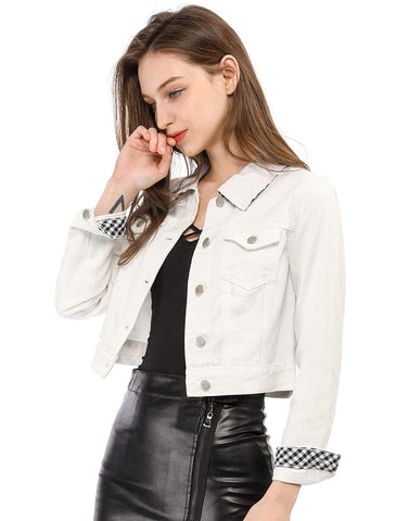 Allegra K Women's Denim Cropped Jackets Chest Pocket Plaid Trim Button Down Jean Jacket Small White