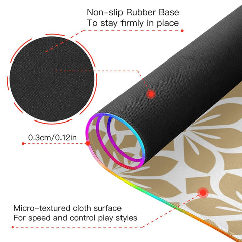 Geometric Gold Floral Wireless Charging Mouse Pad for Mobile Phone Extra Large Gaming Mousepad with 13 Lighting Modes Extended Desk Mat for MacBook PC Office Home Gaming