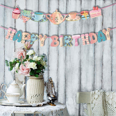 Konsait Tea Happy Birthday Banner Hanging Garland Lets Par Tea Teapot and Teacup Birthday Banner for Alice in Wonderland Tea Party Decorations Birthday Party Favor Supplies Photo Booth Backdrop