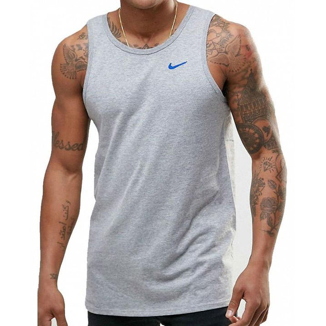 Nike men's grey swoosh logo cotton muscle fit sleeveless sports vest (Medium)