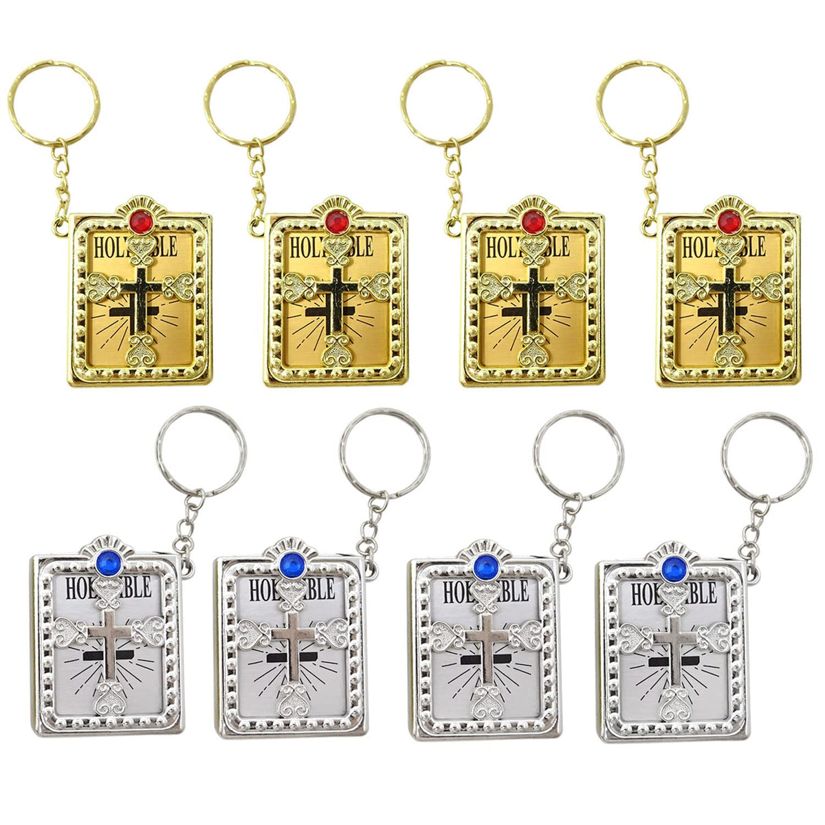 Honbay 8PCS Mini Bible Keychain Miniature Book Keyring Gold Silver Holy Bible Religious Favor for Baptism Church Communion Wedding Shower (2 Color)