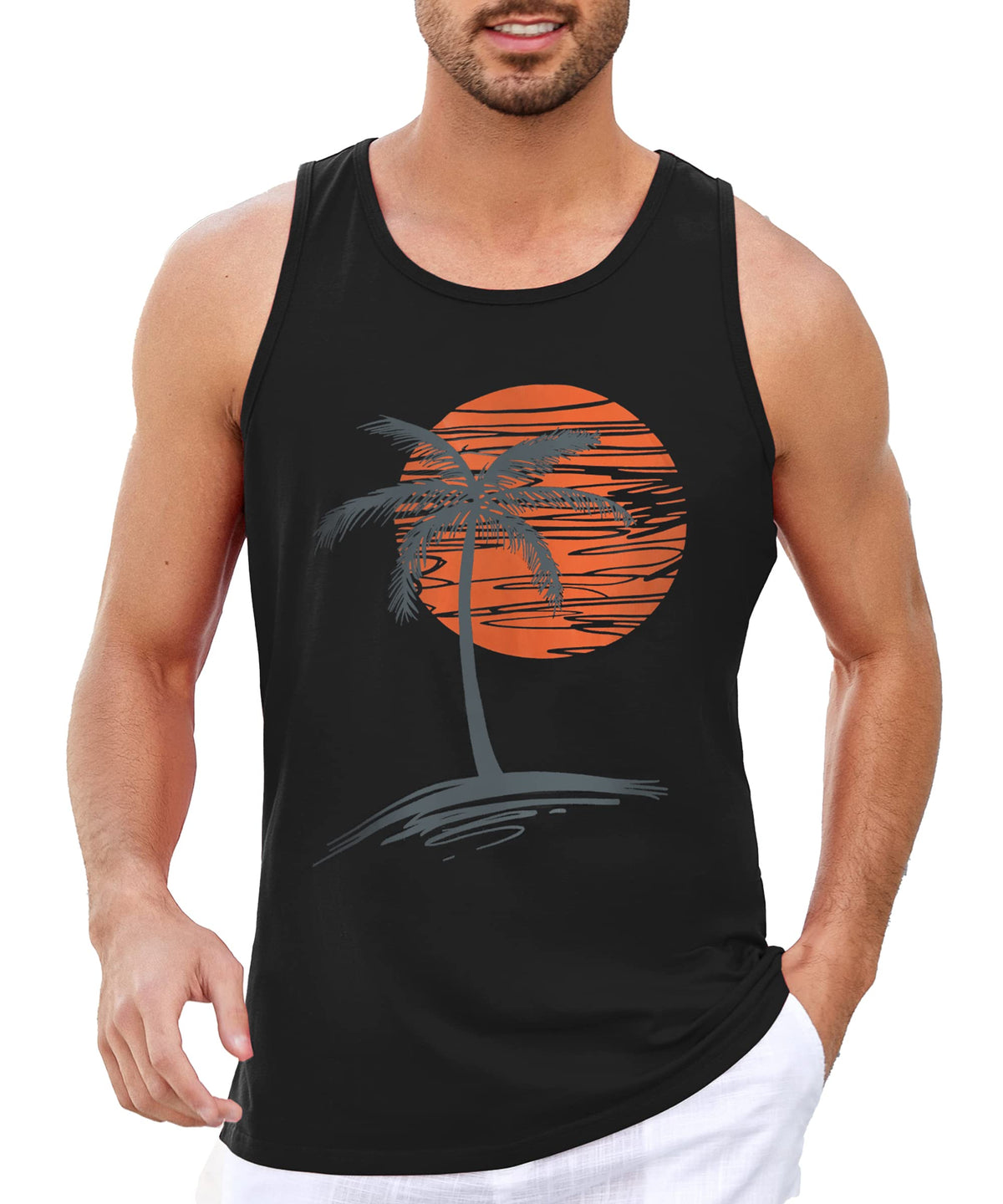 Runcati Mens Workout Tank Tops Gym Sleeveless Shirts Palm Tree Vintage Style T-Shirt Black