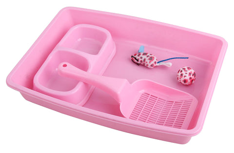 PAWISE Cat Accessories Set of 4 Cat Accessories Including Litter Tray, Litter Scoop, Bowl and Kitten Toy, 14.5 x 10.5 Inches, Pink