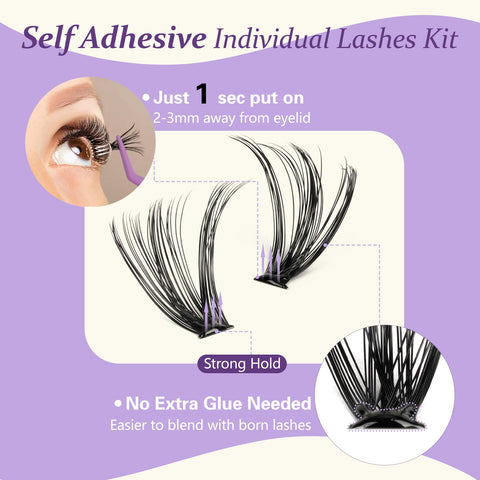 B&Q Self Adhesive Eyelashes Extension Kit 200 PCS Self Adhesive Lashes 40D+50D No Glue Eyelashes 10-18 Mix D Curl Press On Eyelashes Adhesive Lashes Reusable Lashes Self Adhesive(40D+50D-D)