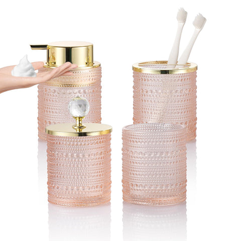 YCWF Pink Glass Bathroom Accessories Set with Foaming Soap Dispenser,4Pcs Bathroom Counter Sink Toothbrush Holder Set Includes Foaming Soap Dispenser&Tumbler&Toothbrush Holder&Cotton Swab Jars
