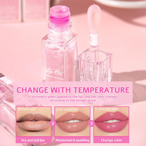 Erinde Magic Color Changing Lip Oil, Moisturizing Lip Glow Oil, Plumping Shimmer Big Brush Tinted Lip Balm Lip Care, Long Lasting Nourishing Non-sticky Fresh Texture Lip Gloss Lip Balm