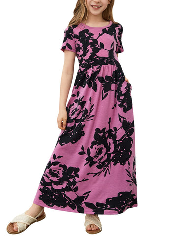 GORLYA Girl's Short Sleeve Floral Print Loose Casual Holiday Long Maxi Dress with Pockets 4-13 Years (9-10Y, PurplePrint/01)