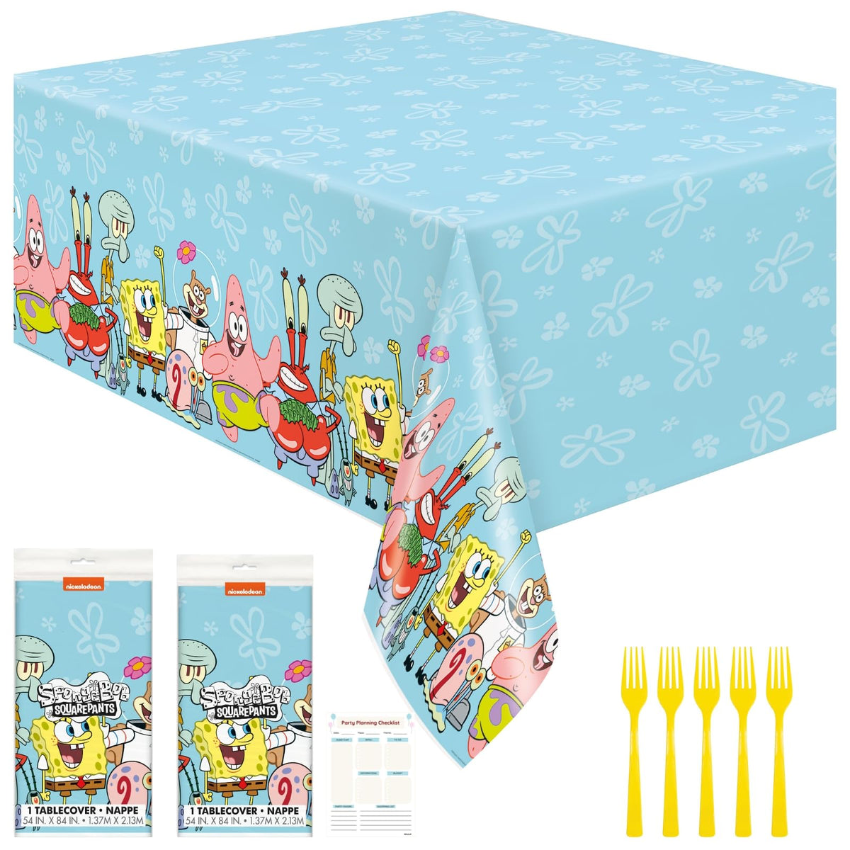 Unique Spongebob Birthday Decorations Pack - 2 Plastic Rectangular Spongebob Table Covers, Forks, Checklist, Spongebob Party Decorations