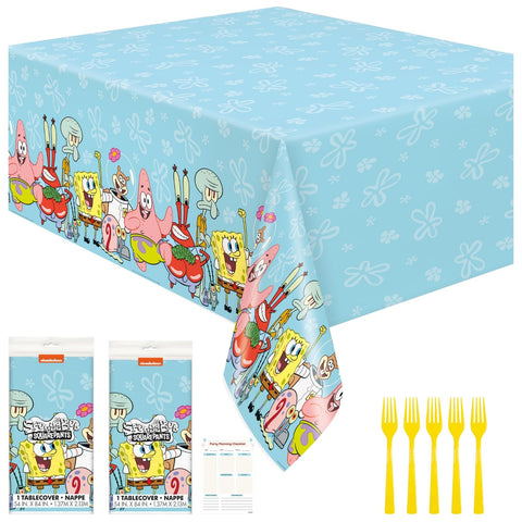 Unique Spongebob Birthday Decorations Pack - 2 Plastic Rectangular Spongebob Table Covers, Forks, Checklist, Spongebob Party Decorations