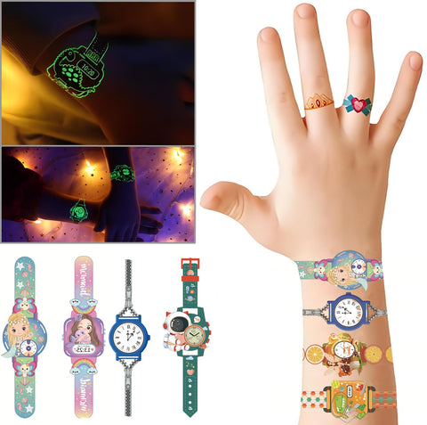 12 sheets 24 Styles Luminous Temporary Cartoon Watch Tattoos for Kids, Children's Waterproof Long Lasting Fake Tattoos, Glow in the Dark Glitter Safety Birthday Party Supplies Gifts for Boy and Girl