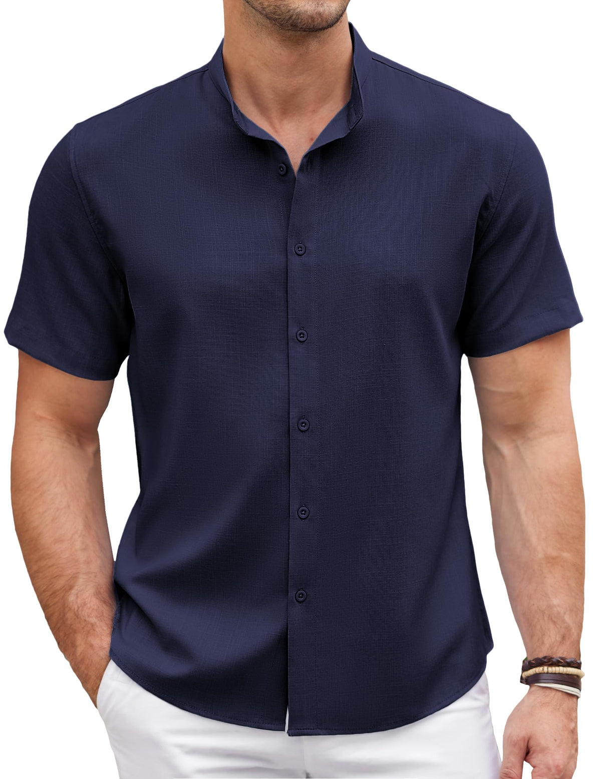 COOFANDY Men's Banded Collar Shirt Stand Collar Cotton Oxford Button Down Shirts Dark Blue