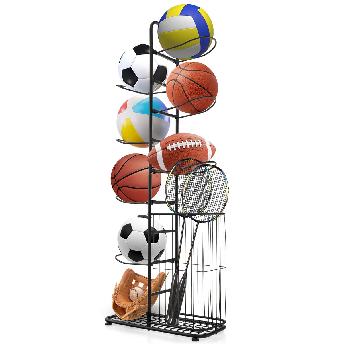 COSTWAY 7-Tier Ball Storage Rack, Metal Basketball Stand Ball Holder with 7 Removable Hanging Rods and Side Basket, Vertical Sports Equipment Organizer for Garage