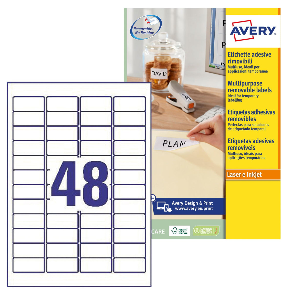 Avery L4736REV-25 Self-Adhesive Removable Mini Labels, 48 Labels Per A4 Sheet - White, 45,7 x 21,2 mm