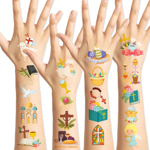 HOWAF 90+ pcs Religions Christian Temporary Tattoos, 10 Sheets Jesus Christian He is Risen Easter Temporary Tattoos for Face Hand Body, Waterproof Tattoos Stickers for Easter Spring Party Favors