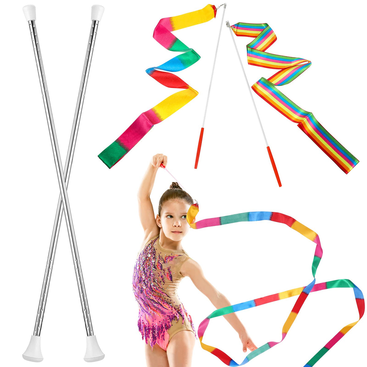 HyDren 4 Pieces Twirling and Marching Christmas Baton - Standard Stainless Steel Mini Shaft Rod with Rubberized Tips - Complete with Dance Ribbon Streamer(White,26 Inch)
