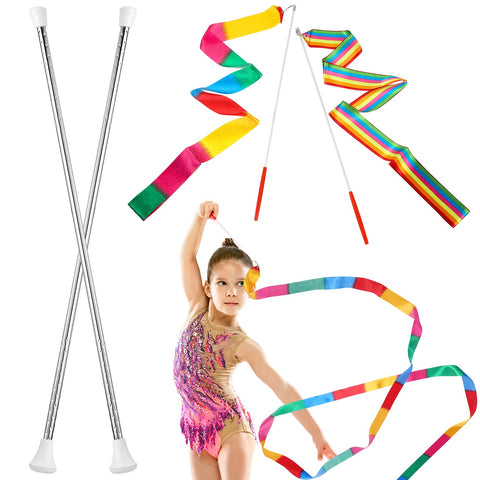 HyDren 4 Pieces Twirling and Marching Christmas Baton - Standard Stainless Steel Mini Shaft Rod with Rubberized Tips - Complete with Dance Ribbon Streamer(White,26 Inch)