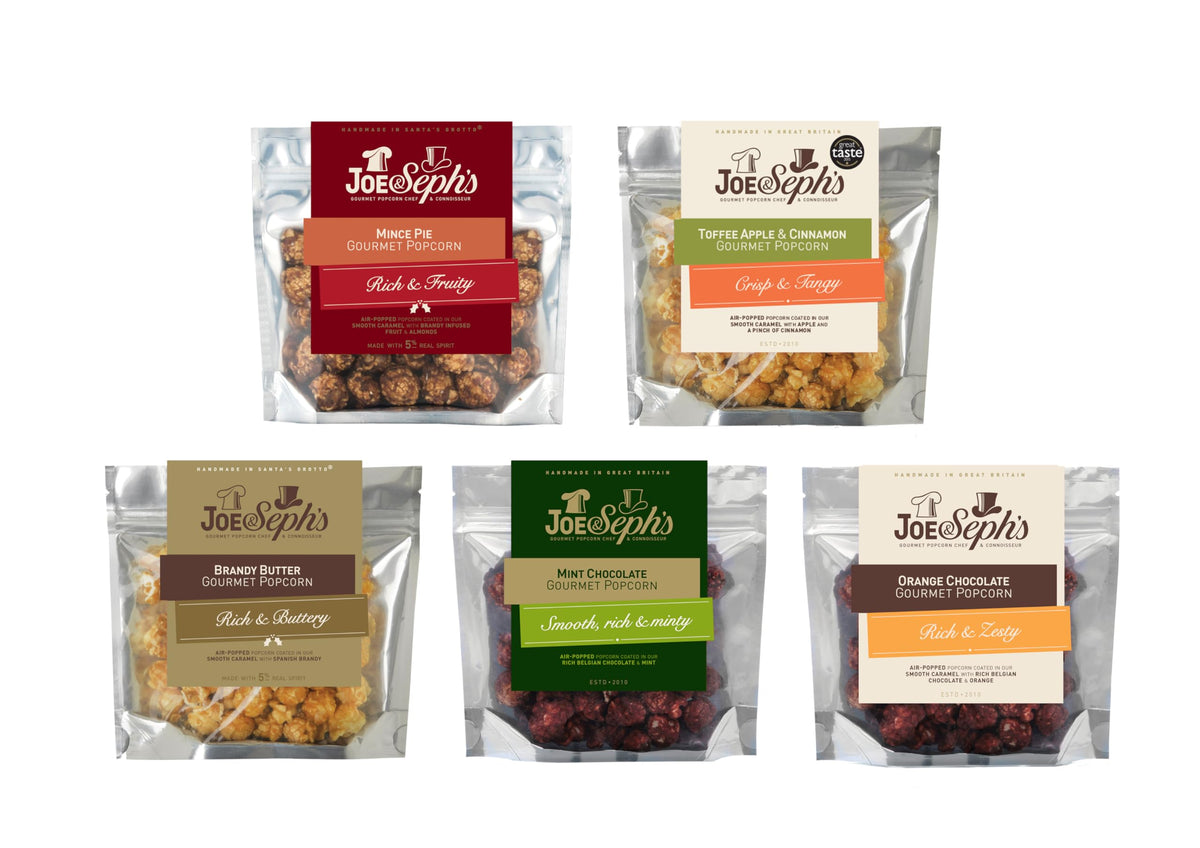 Joe & Sephs Festive Popcorn Tasting Selection (5x30g) | Mint Chocolate, Mince Pie, Brandy Butter, Toffee Apple & Cinnamon and Orange Chocolate, gourmet popcorn, festive snacks