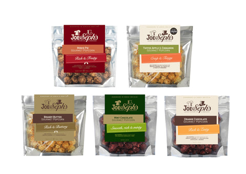 Joe & Sephs Festive Popcorn Tasting Selection (5x30g) | Mint Chocolate, Mince Pie, Brandy Butter, Toffee Apple & Cinnamon and Orange Chocolate, gourmet popcorn, festive snacks