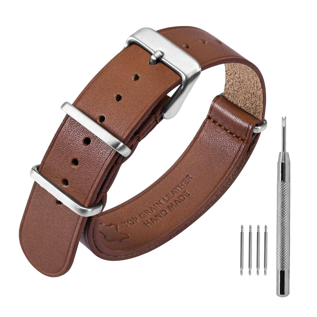 ANNEFIT Leather Watch Band 18mm, Genuine Calfskin One-Piece Military Watch Straps for Men and Women with Brushed Silver Buckle (Light Brown)