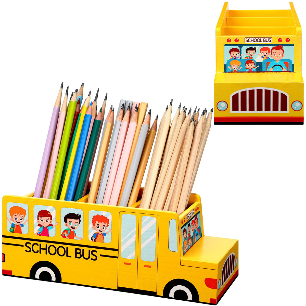 Pen Holder School Bus Wooden Pencil Holder 3 Compartments Pencils Organizer for Back to School Supplies, First Day of School Pen Holder for Kids Children Boys Girls Table Classroom Home (1 Pcs)