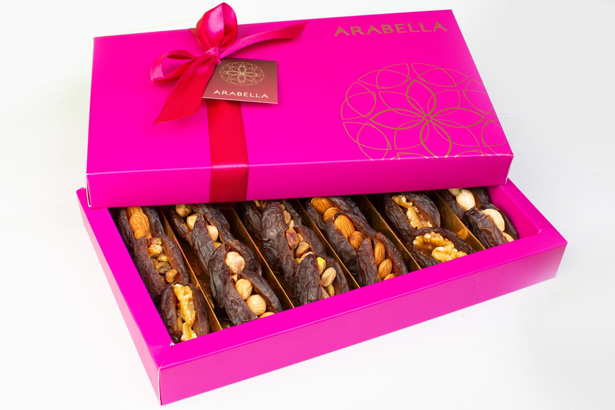 Arabella Fresh & Delicious Natural Medjool Dates Filled with Deluxe Nuts - 21pcs appx 600g Gift Box Perfect present for any Occasion