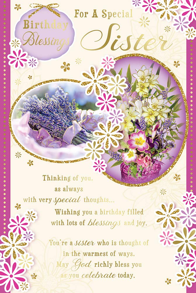 Special Sister Birthday Blessings Greeting Card with Religious Poem - Lavender Flowers