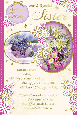 Special Sister Birthday Blessings Greeting Card with Religious Poem - Lavender Flowers