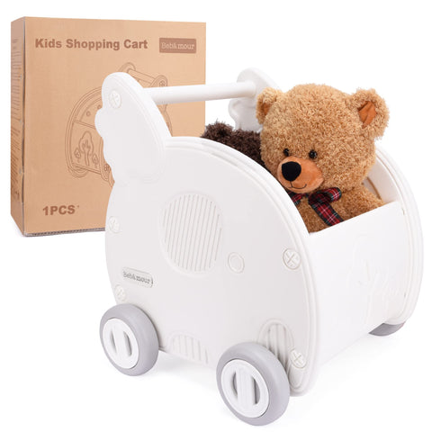 Bebamour Baby Shopping Cart, Baby Toys Push and Pull Baby Stroller, 2-in-1 Toddler Learning Walker Toy Storage Chest, Shopping Cart and Doll Stroller, White Cart