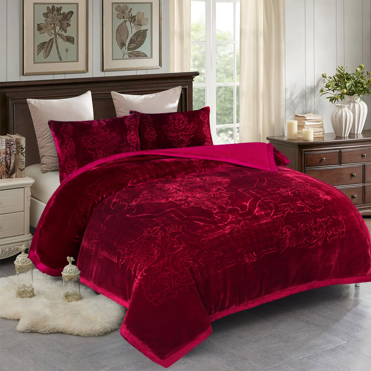 JML Heavy Sherpa Blanket 3 Piece - Korean Style Mink Blanket Thick Bed Blanket for Winter with 2 Pillowc Shams, Fuzzy Fleece Blanket for Bed, Solid Burgundy, King (79"x91")