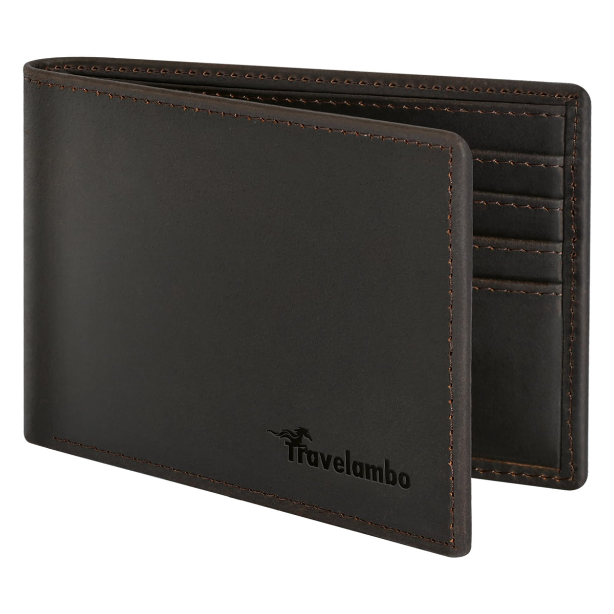 Travelambo Real Leather Wallet for Men, RFID Blocking Bifold Mens Wallet, Minimalist Front Pocket Wallet for Men with Gift Box - 7 Card Slots and ID Window (Crazy Horse, Coffee)