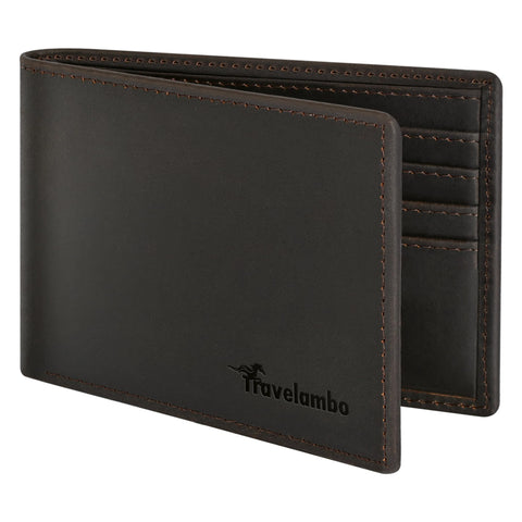 Travelambo Real Leather Wallet for Men, RFID Blocking Bifold Mens Wallet, Minimalist Front Pocket Wallet for Men with Gift Box - 7 Card Slots and ID Window (Crazy Horse, Coffee)