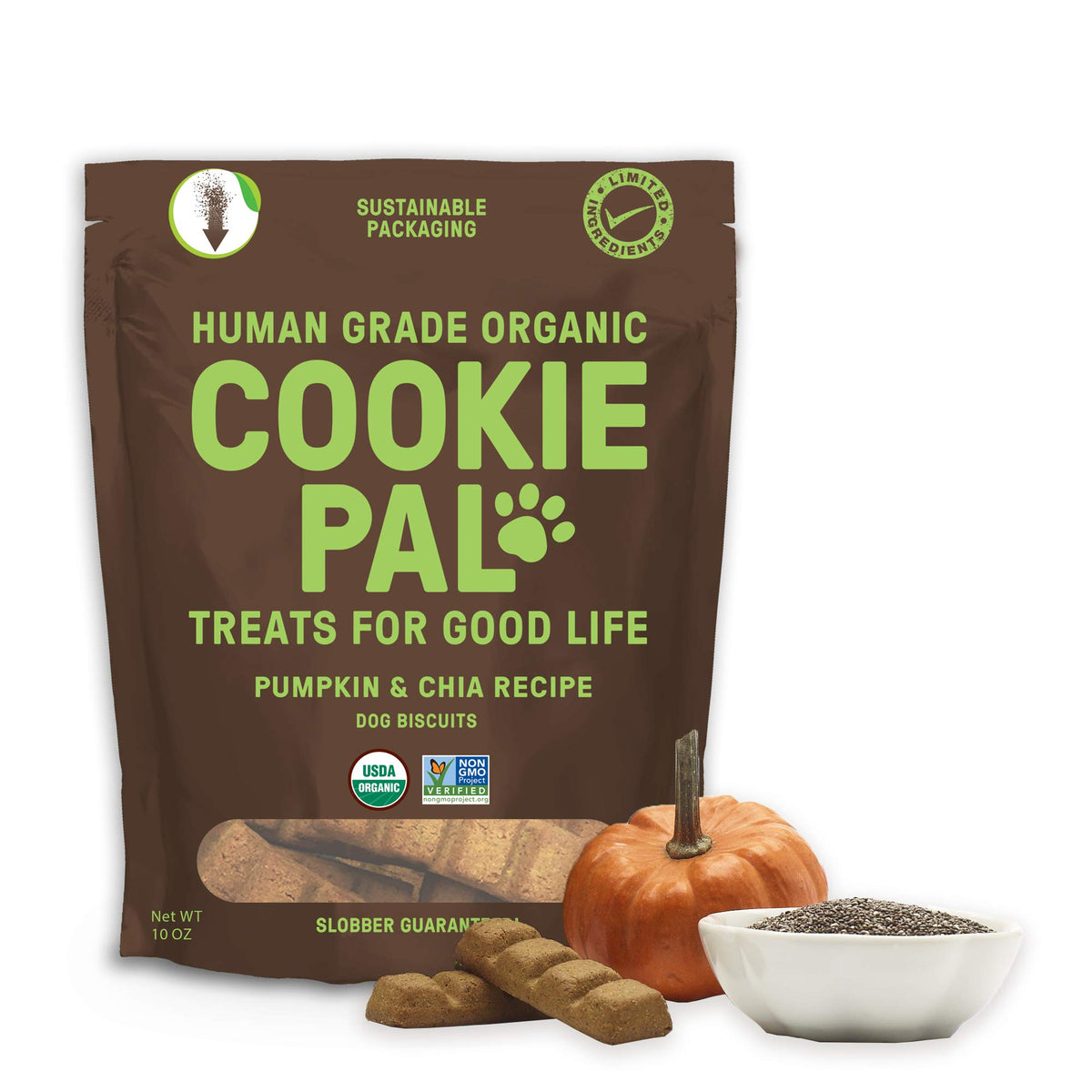 CookiePal Human Grade Dog Treats, Pumpkin and Chia Seed Recipe, Organic Non-GMO and Simple Ingredients, 10 Oz Bag