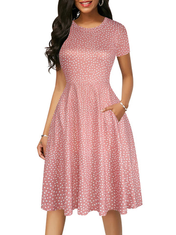 oxiuly Women Casual Summer Dress Vintage Pink Polka Dot Cotton A-Line Dresses with Pockets OX262 (XL, Pink dot)