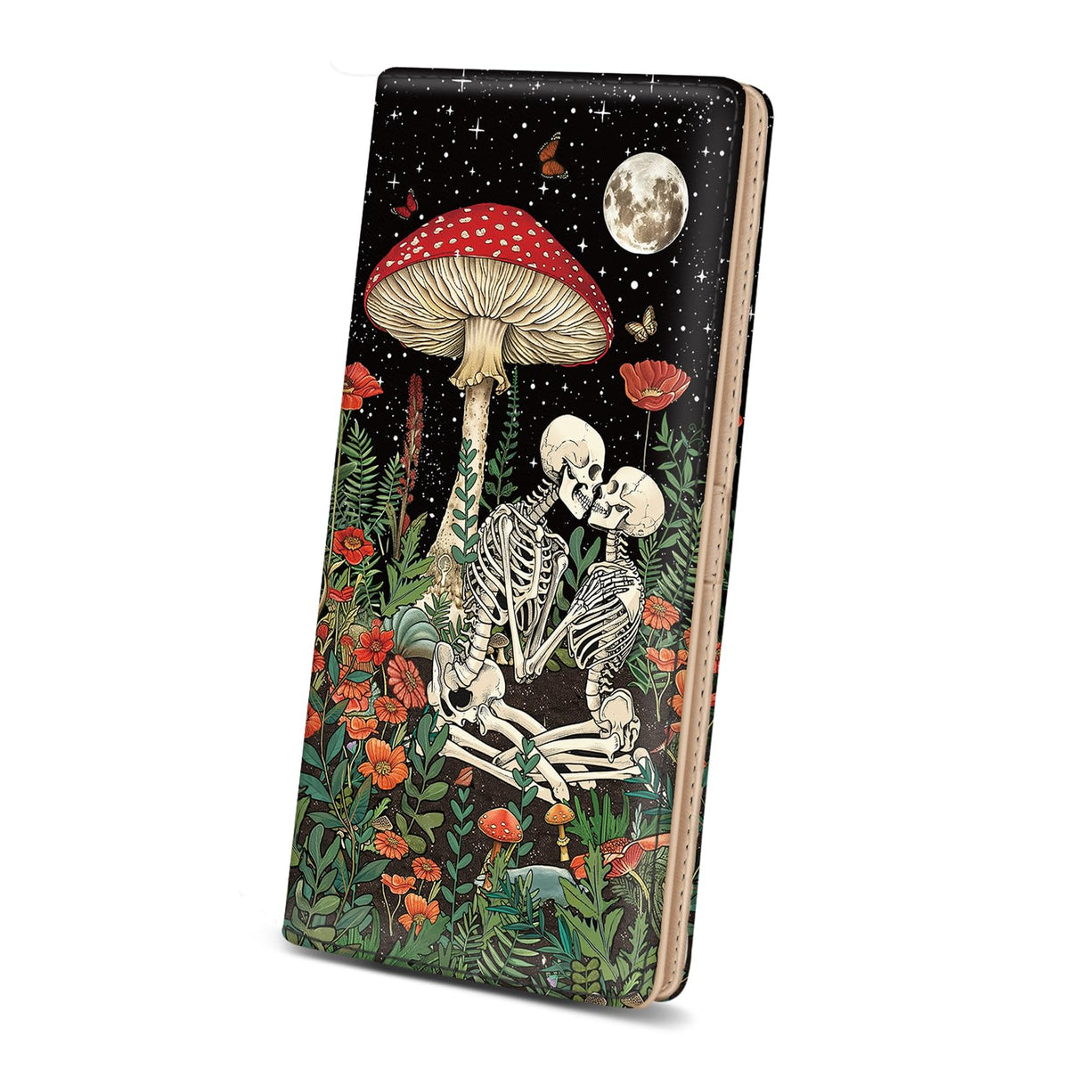 Immaturus Womens Wallet, Mushroom Skull Slim Thin RFID Blocking Credit Card Wallets, Long Bifold PU Leather Card Holder Organizer, Black Cash Clutch Billfold with Zipper Coin Pocket Ladies Girls Gift