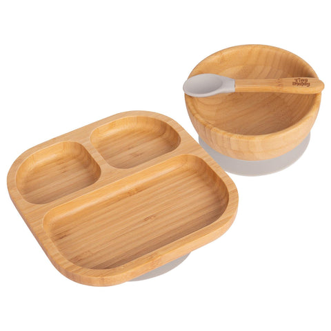 Childrens Segmented Bamboo Plate, Bowl & Silicone Spoon Set with Suction Cup - Great for Baby Toddler Weaning - Eco Friendly Kids Food Plates Bowls & Spoons - Grey - by Tining Dining