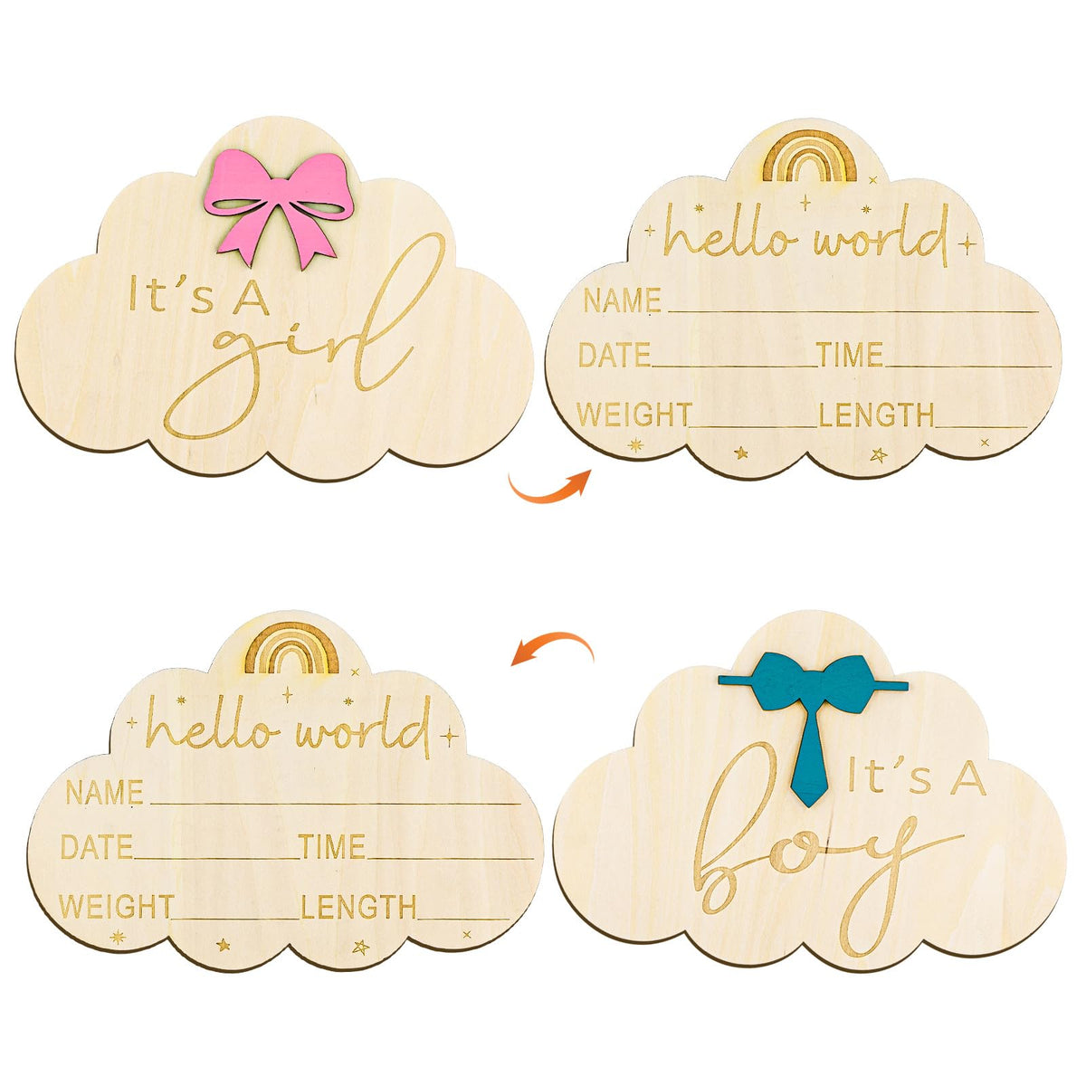 2pcs Wooden Baby Announcement Sign, Double-Sided Newborn Gender Reveal Its a Boy Girl Sign Welcome Hello World Name New Baby Birth Announcement Sign for Hospital Nursery Baby Shower (Cloud)